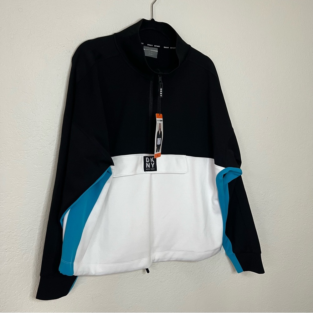 NWT DKNY Sport Pullover 1/2 Zip Up Color Block Sweatshirt Blue Black Size XXL - Picture 2 of 10